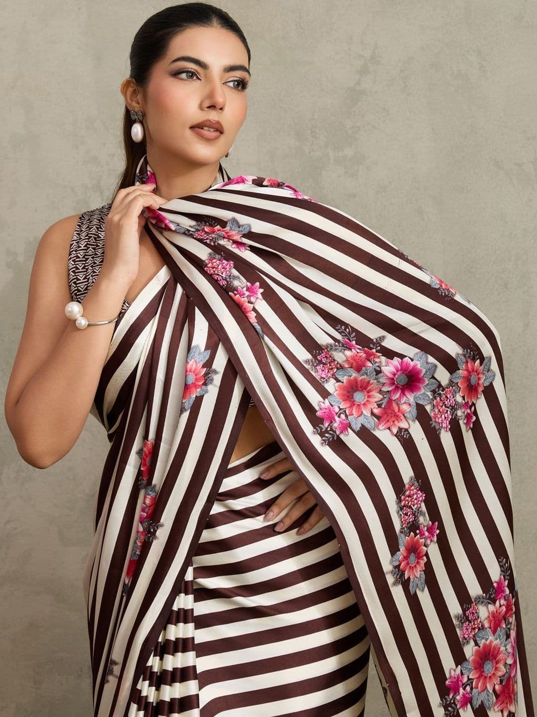 Anouk Rustic Floral Printed Designer Satin Leheriya Saree With Blouse Piece - view 1