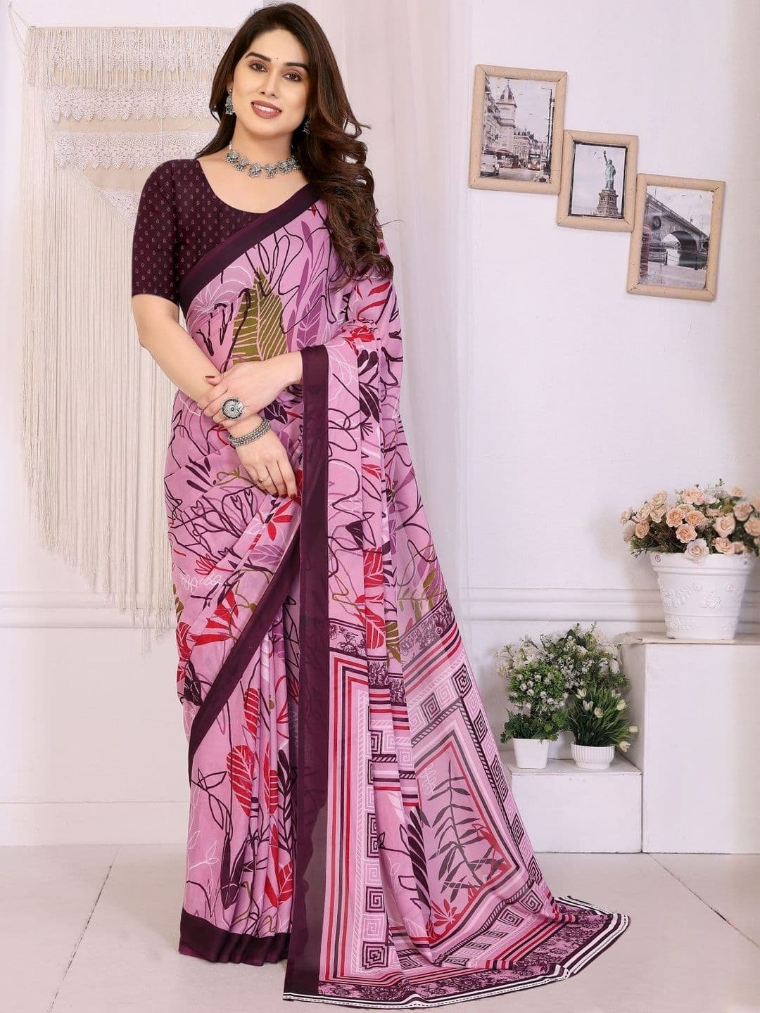 vj fashion Women Floral Printed Pure Georgette Saree with Blouse Piece - view 1