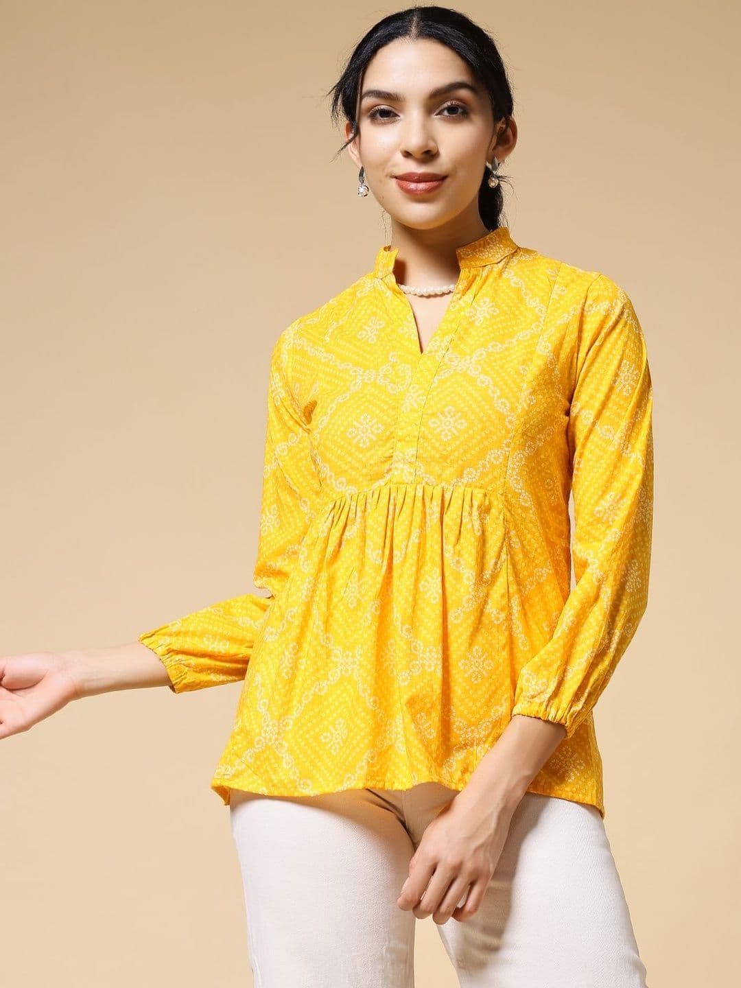 SZN Yellow Ethnic Motif V-Neck Empire Top - view 1