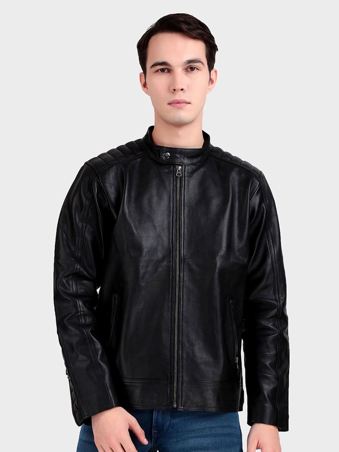 MaheTri Men Mandarin Collar Premium Men's Black Leather Jacket - view 1
