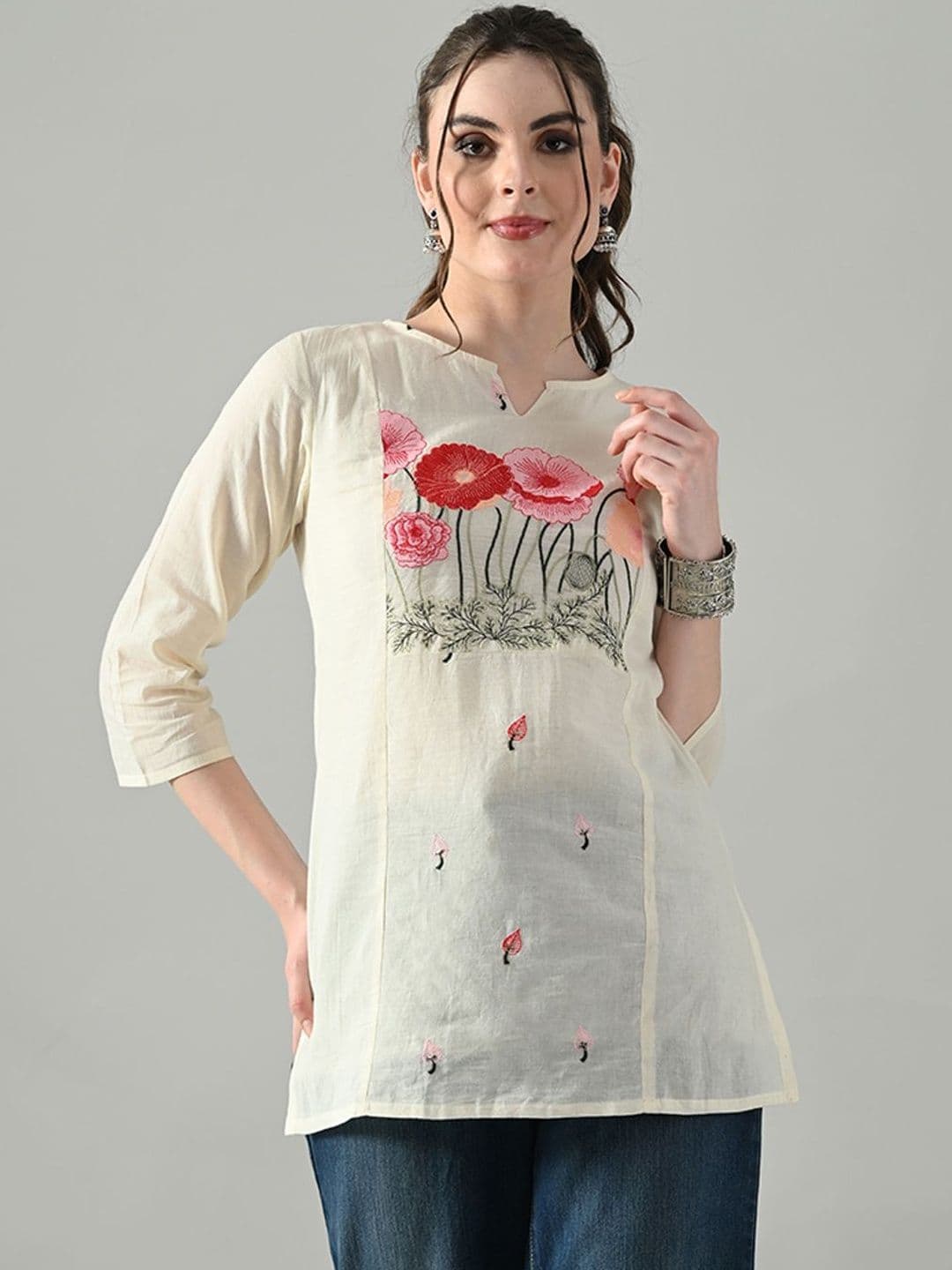 HERE&NOW Floral Embroidered Thread Work Pure Cotton Thread Work Panelled Kurti - view 1