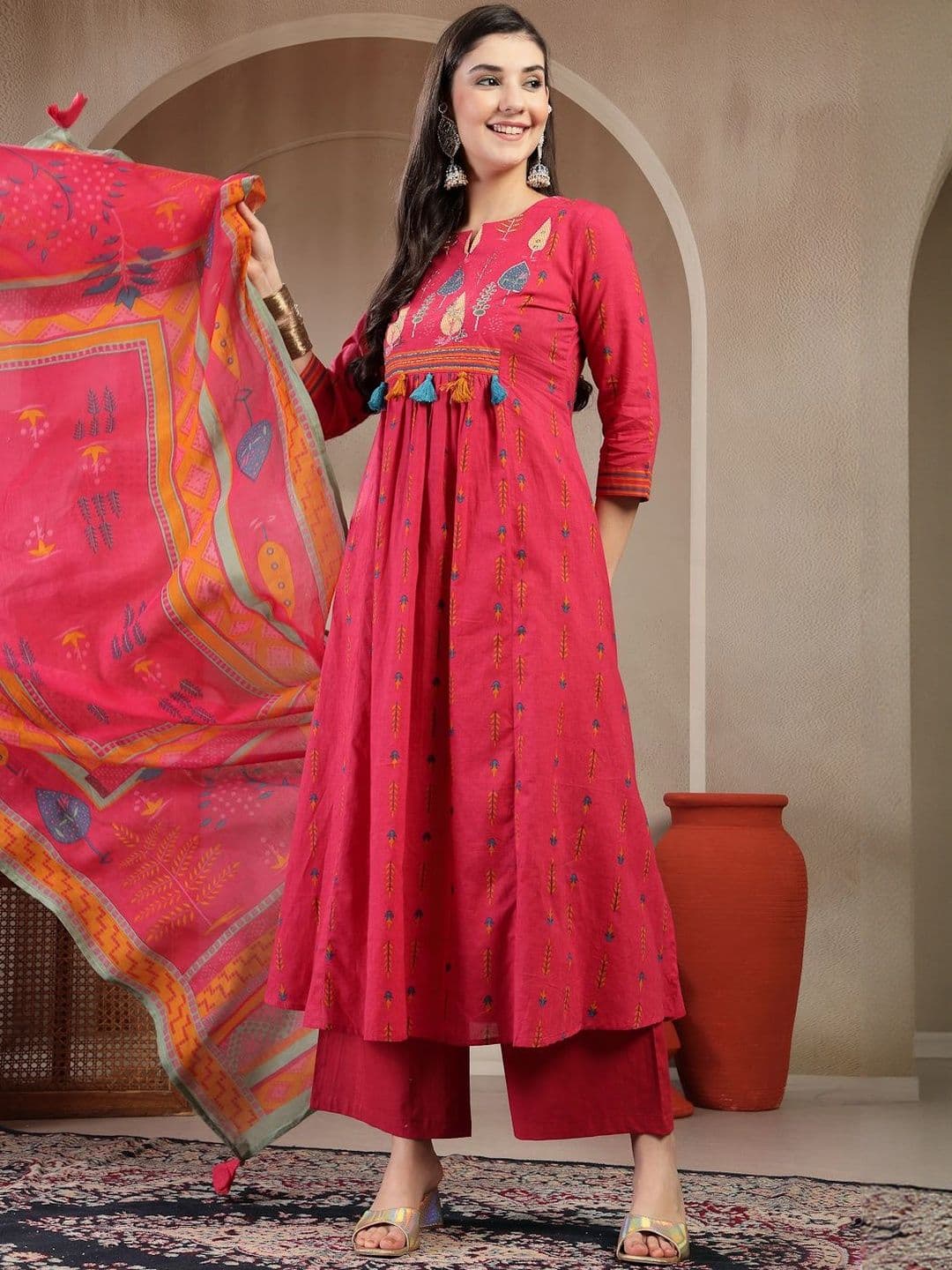 GULMOHAR JAIPUR Women Ethnic Motifs Printed Panelled Kurta Trousers & Dupatta - view 1