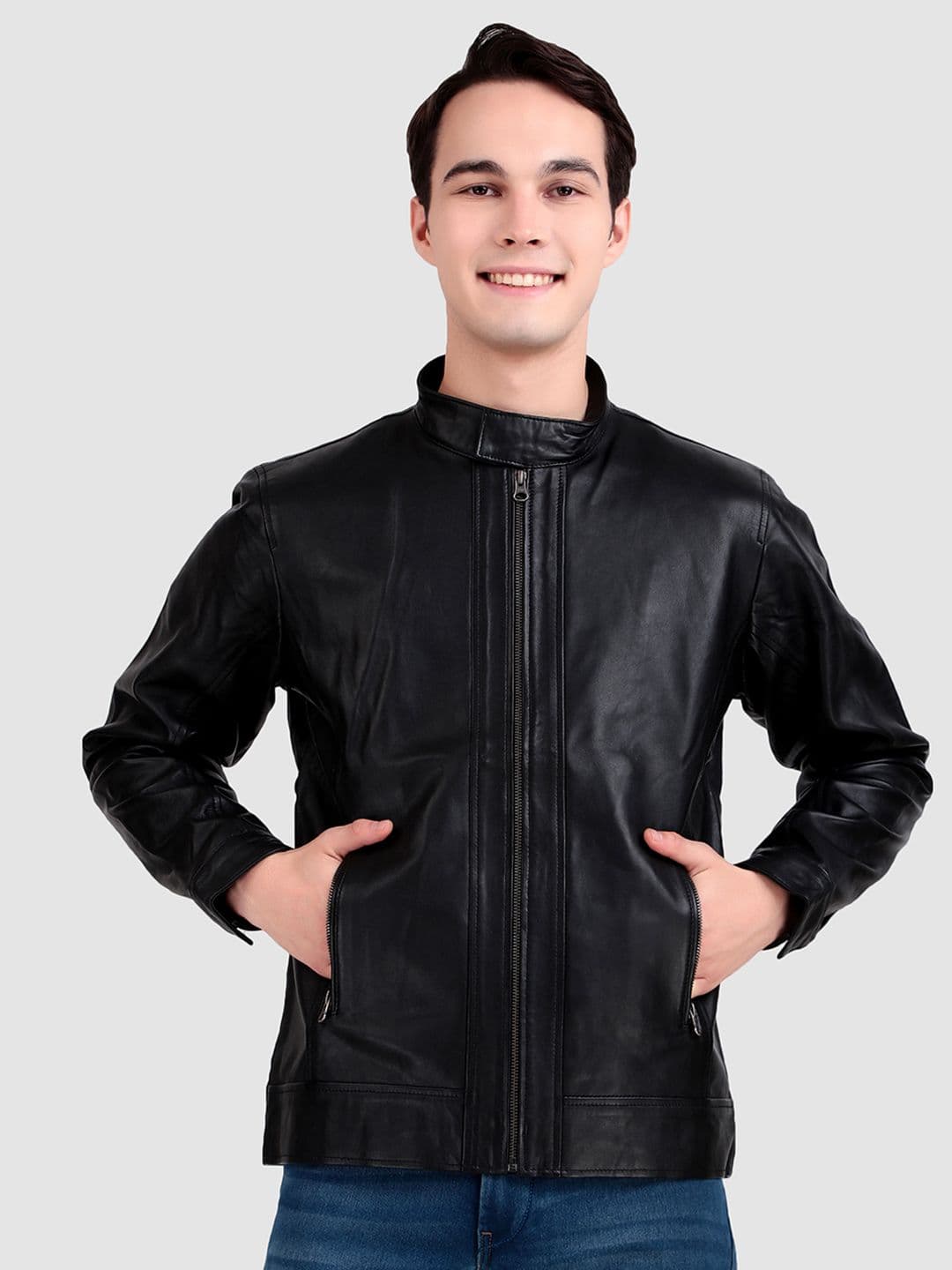MaheTri Iconic Plain Black Moto Jacket - view 1