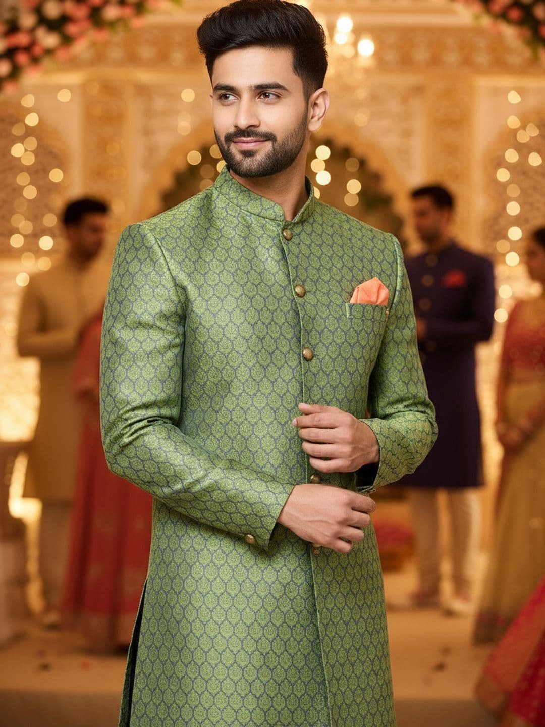 KISAH Men Woven Design Indowestern Sherwani Churidar Set - view 1