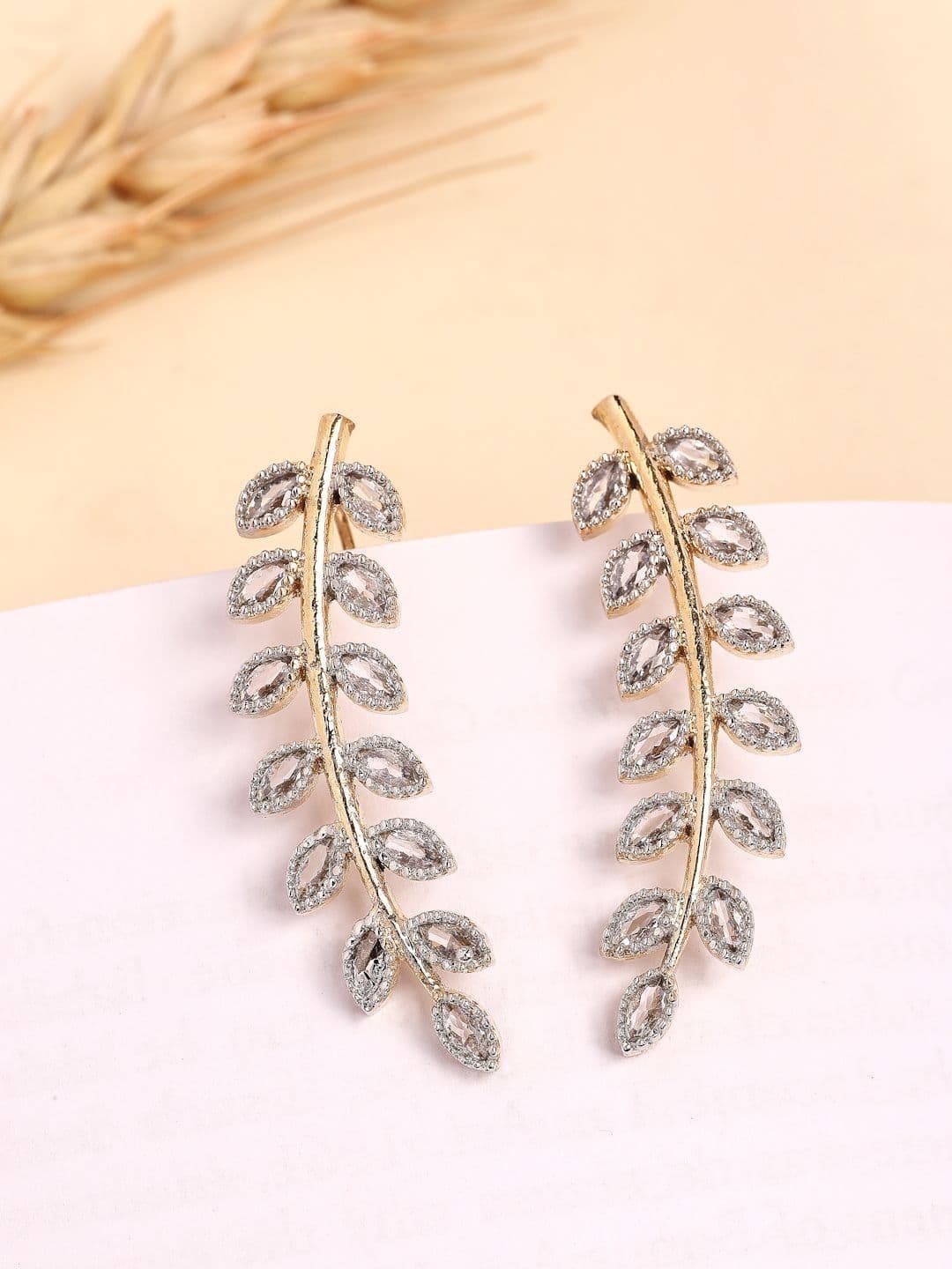 ZENEME Gold Plated American Diamond Studded Leaf Shaped Ear Cuff - view 1