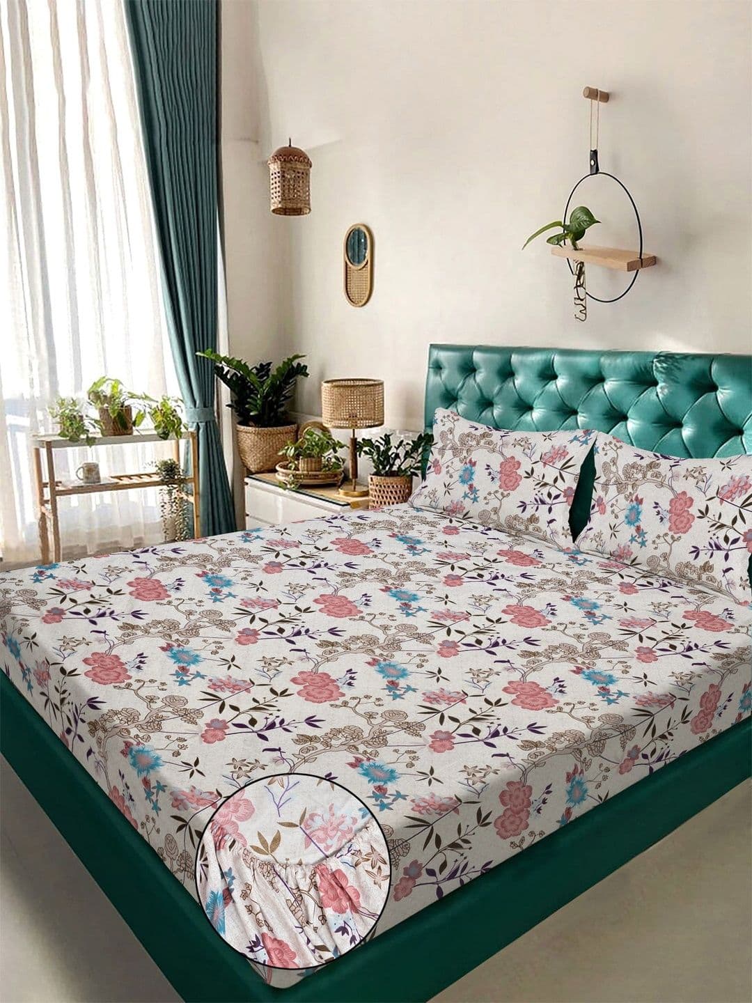 KLOTTHE Pink Floral Printed Fitted 300 TC Cotton Blend King Bedsheet With 2 Pillow Cover - view 1
