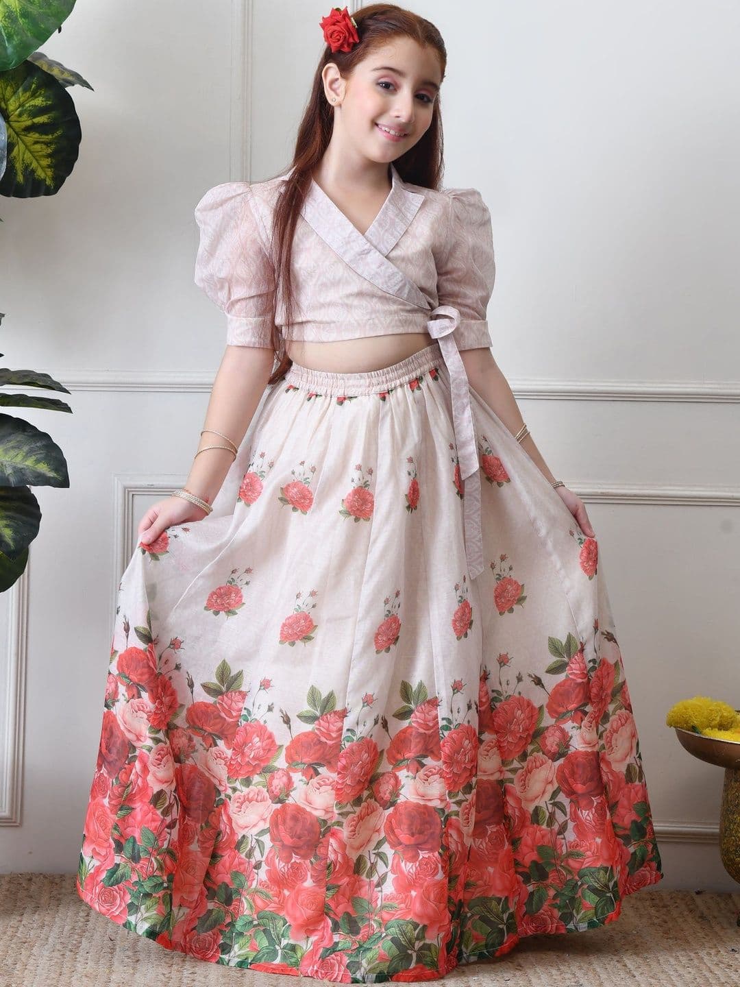 Indi-Loom Couture Girls Printed Organza Ready To Wear Lehenga & Blouse - view 1