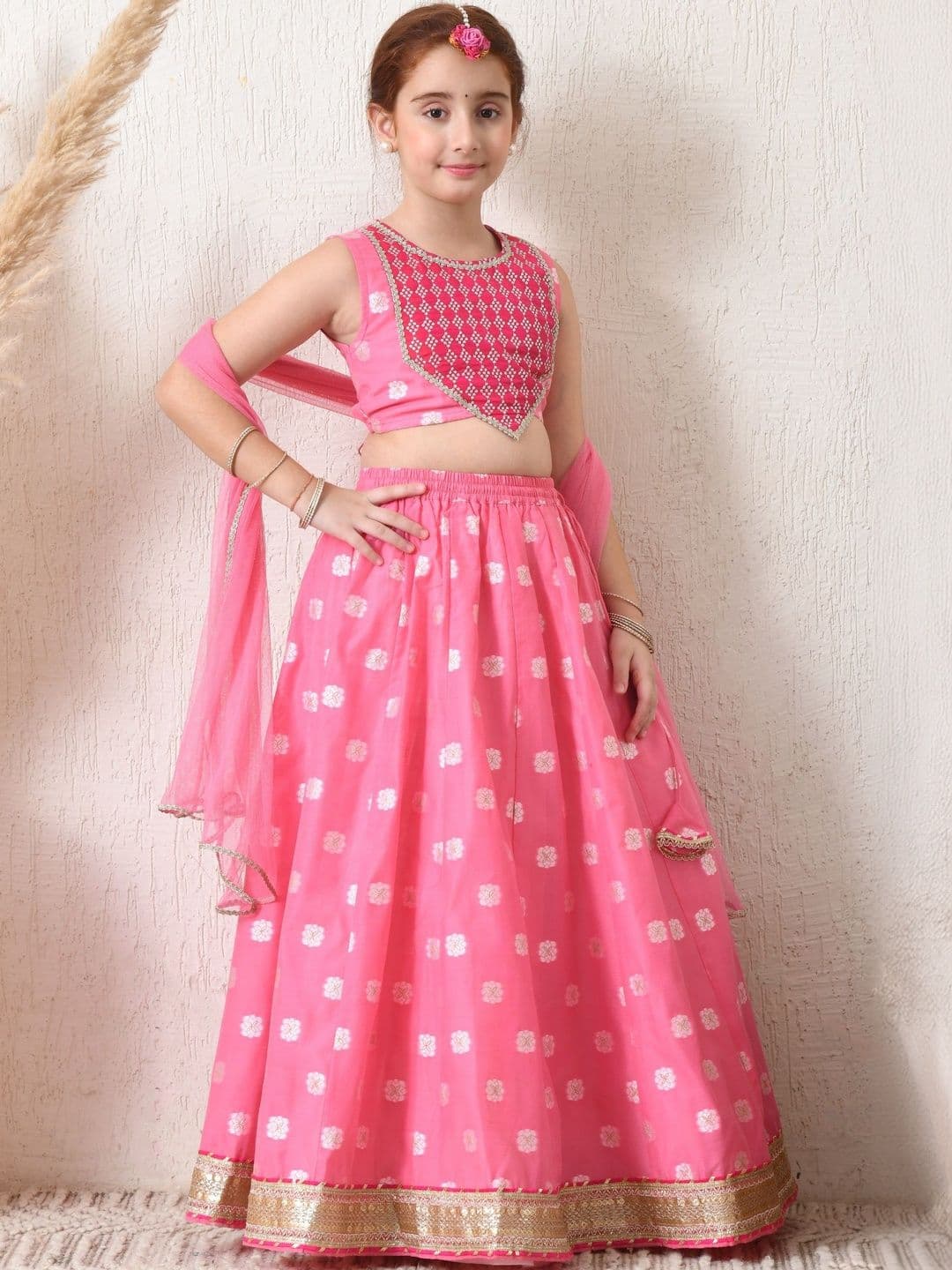 Indi-Loom Couture Girls Printed Sequinned Semi-Stitched Lehenga & Blouse With Dupatta - view 1