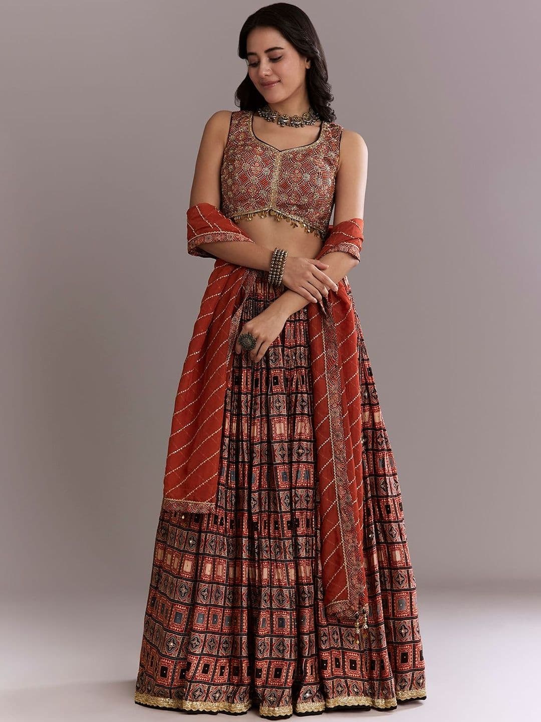 KALKI Fashion Ajrakh Printed Embroidered Ready to Wear Organic Cotton Lehenga Choli - view 1