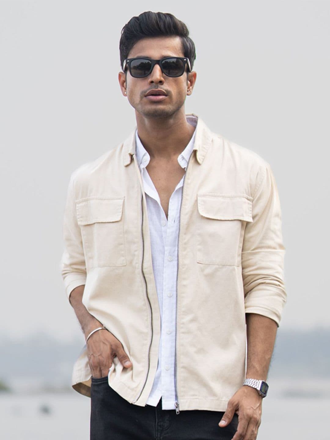 Powerlook SS25 Light Beige Men Solid Regular Fit Spread Collar Cotton Zipper Overshirt - view 1