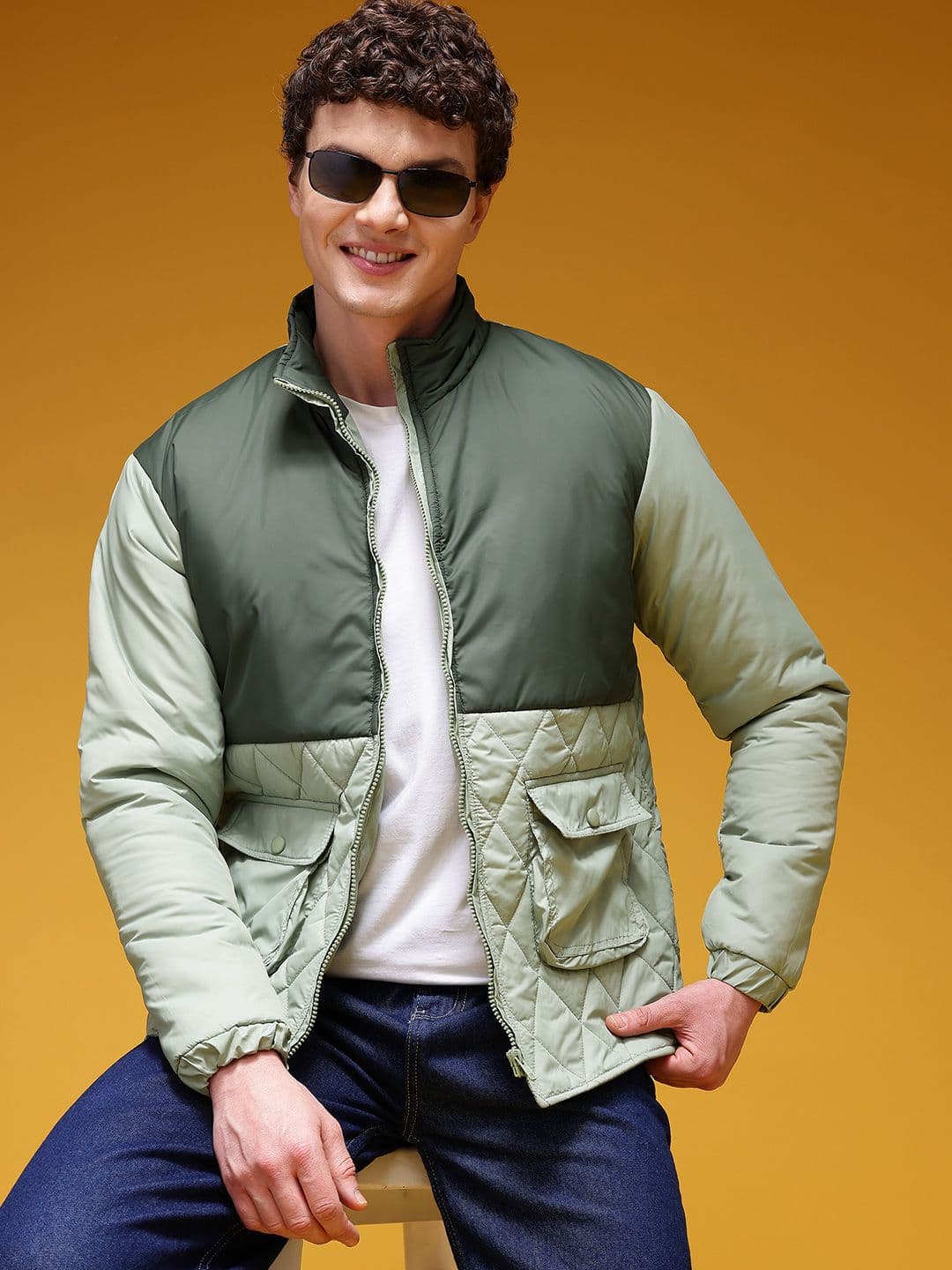 HERE&NOW Colourblocked Mock Collar Quilted Jacket - view 1