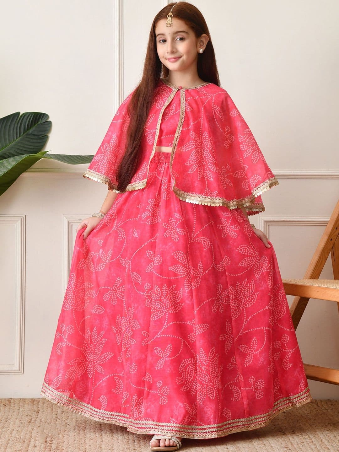 Indi-Loom Couture Girls Printed Zari Ready To Wear Lehenga & Blouse With Dupatta - view 1