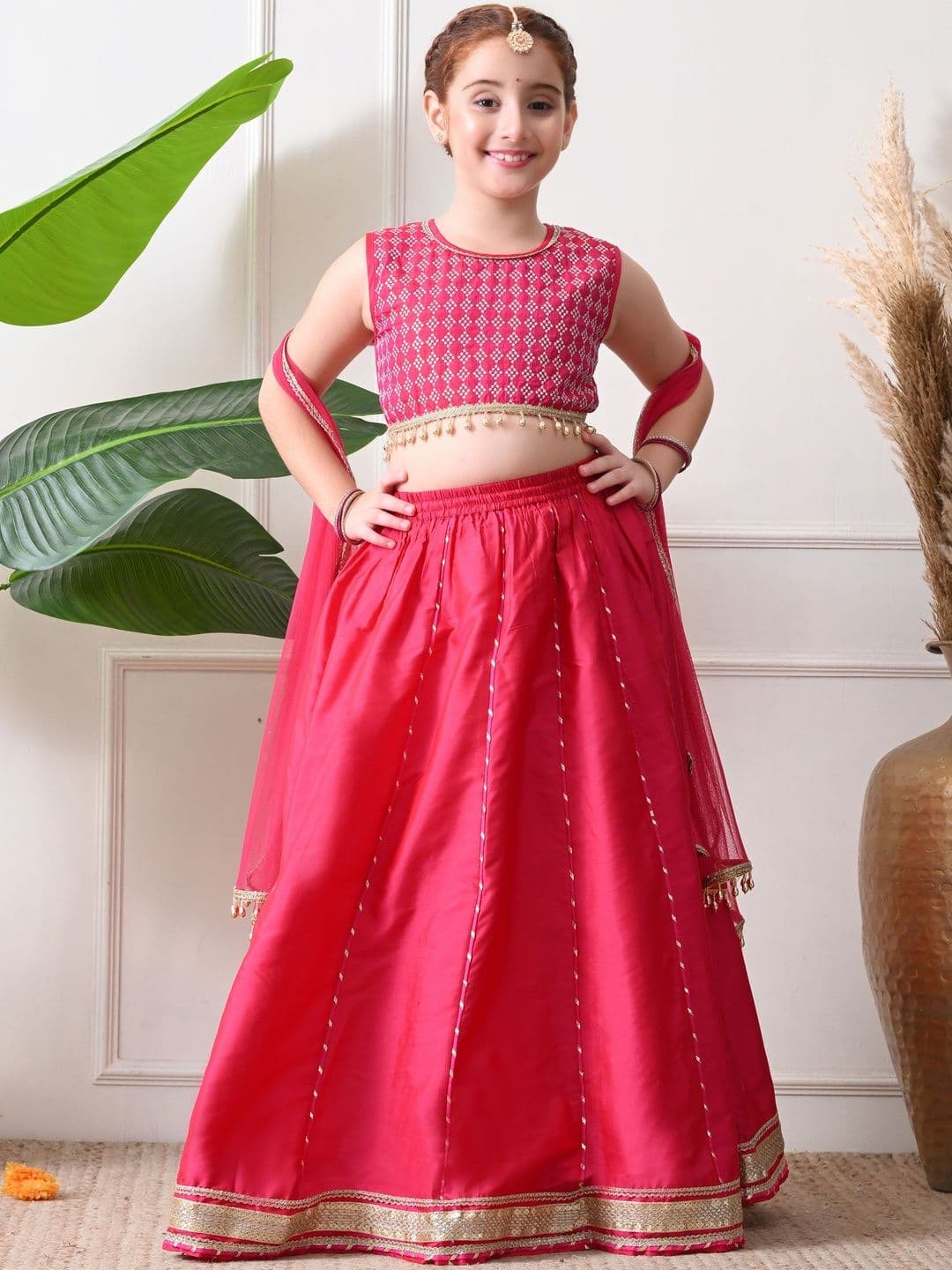 Indi-Loom Couture Girls Embellished Round Neck Semi-Stitched Lehenga & Blouse With Dupatta - view 1