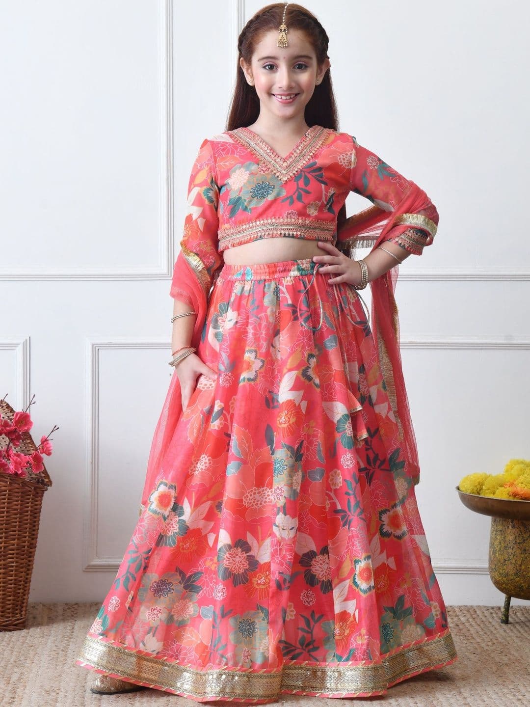Indi-Loom Couture Girls Printed V-Neck Sequinned Lehenga & Blouse With Dupatta - view 1