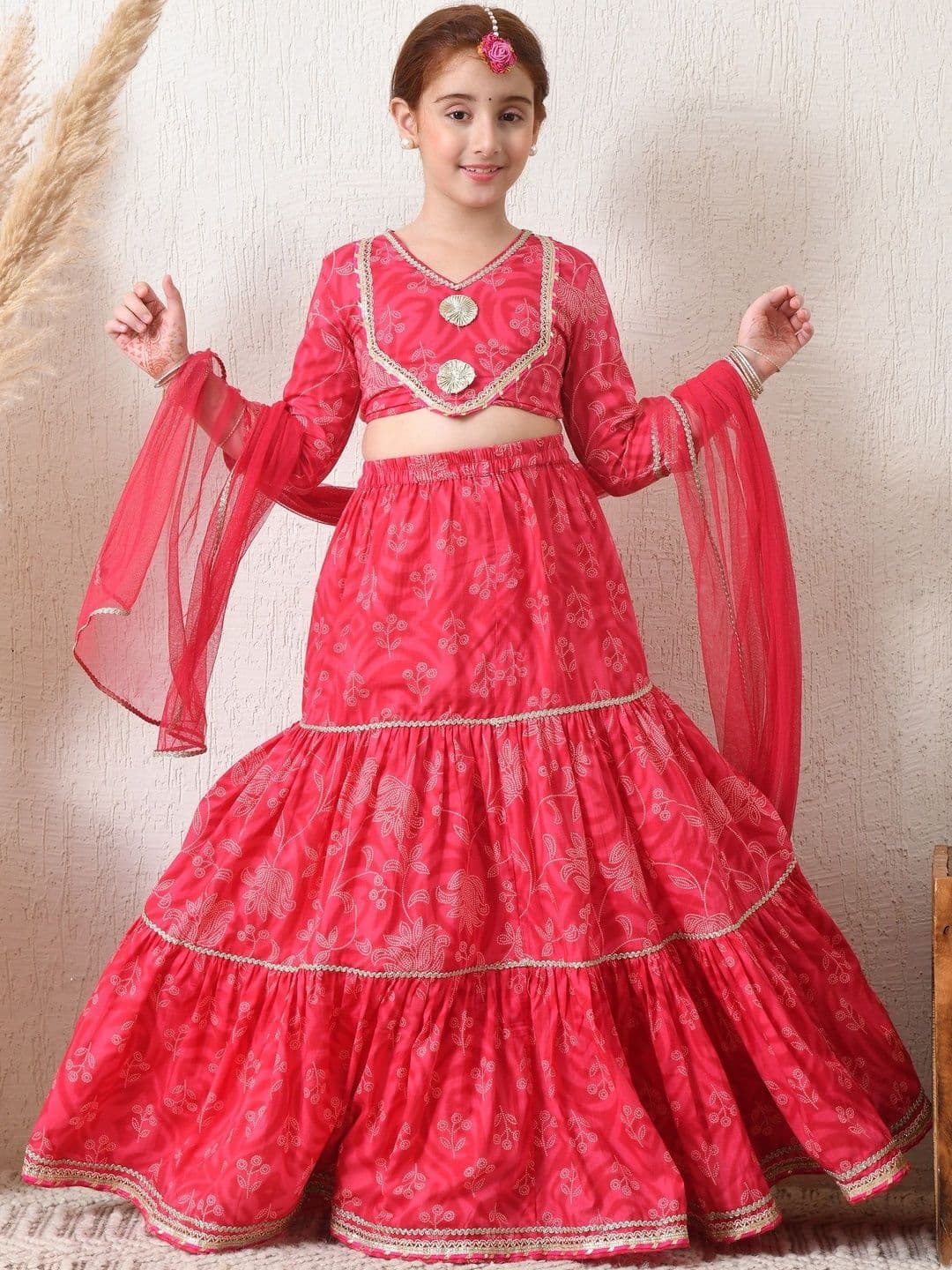 Indi-Loom Couture Girls Printed V-Neck Semi-Stitched Lehenga & Blouse With Dupatta - view 1