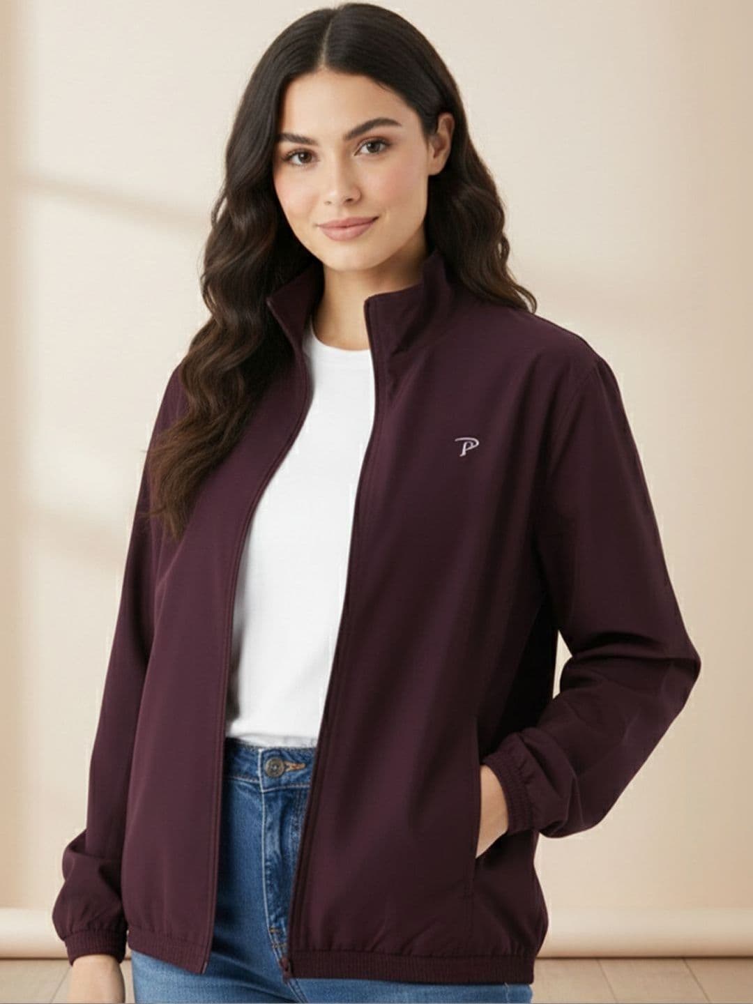 Promount Women Mock Collar Solid Lightweight Bomber Jacket - view 1
