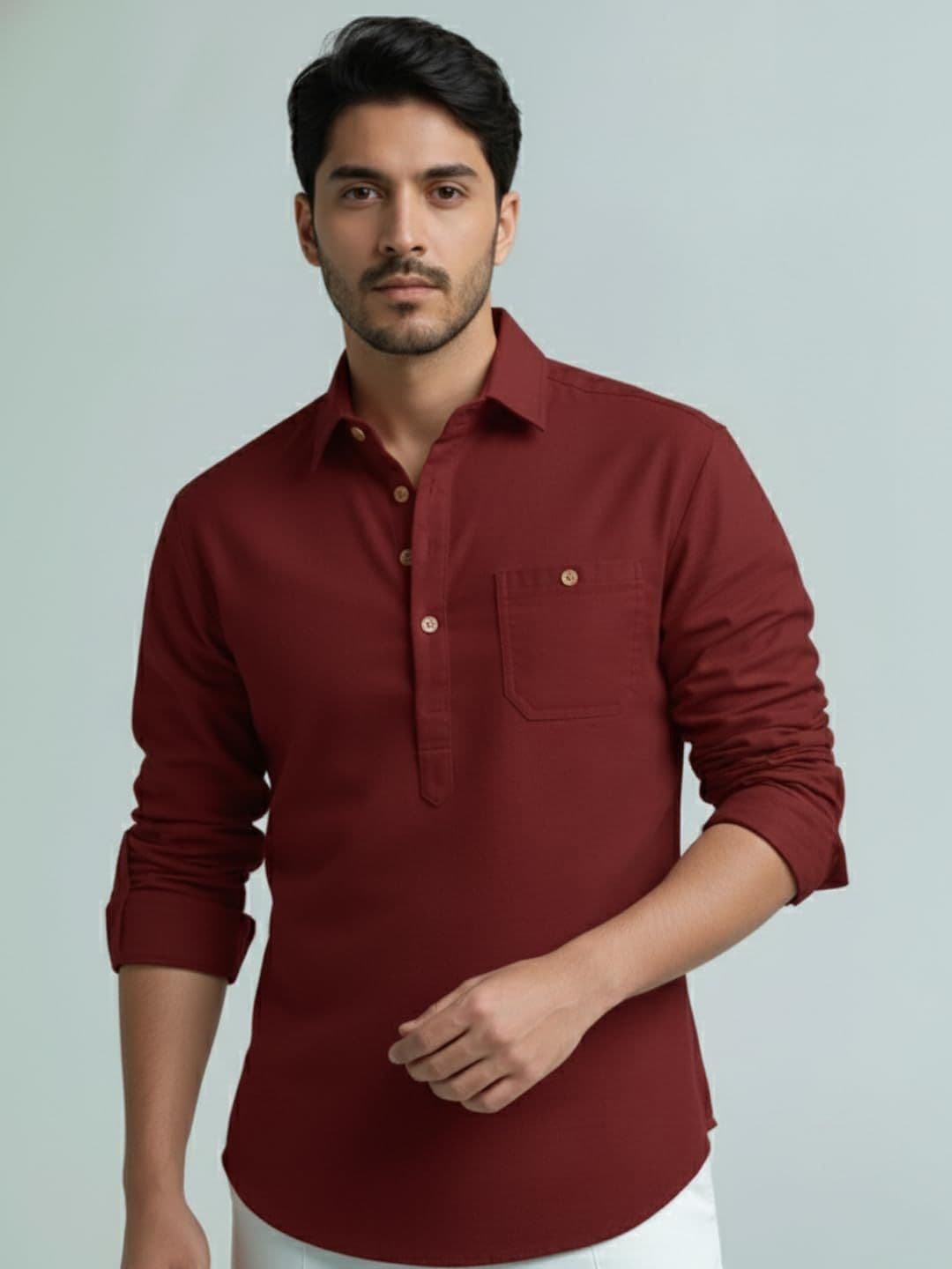 Vida Loca Shirt Collar Roll-Up Sleeves Cotton Straight Kurtas - view 1