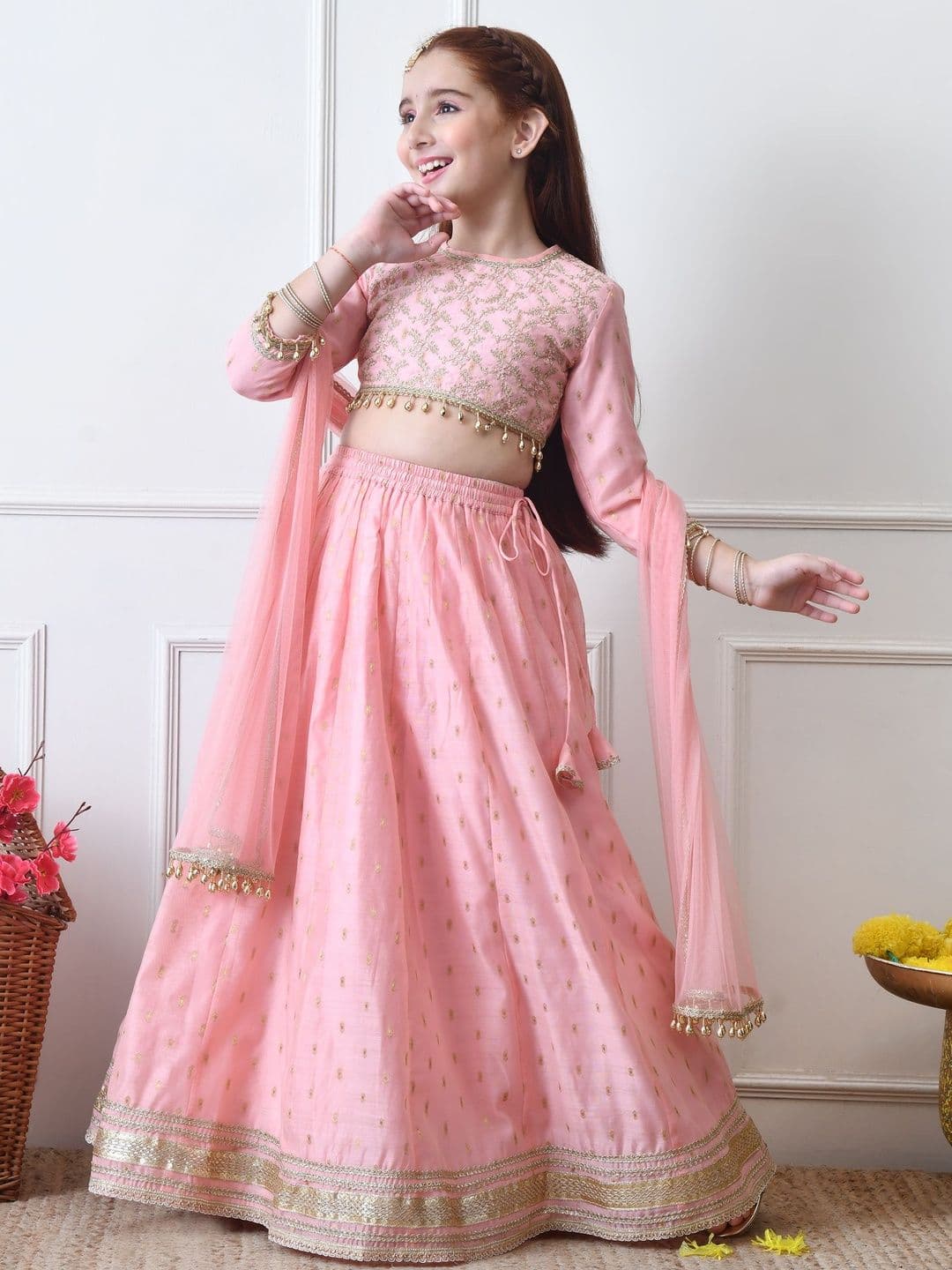 Indi-Loom Couture Girls Embroidered Round Neck Ready to Wear Lehenga & Blouse With Dupatta - view 1