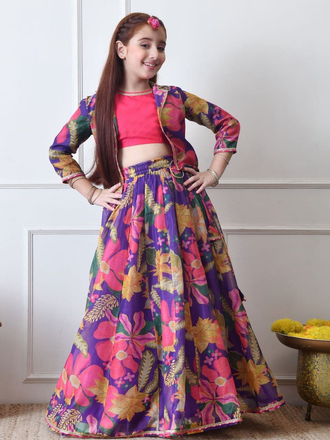 Indi-Loom Couture Girls Round Neck Ready to Wear Lehenga Choli Set with Stylish Jacket - view 1