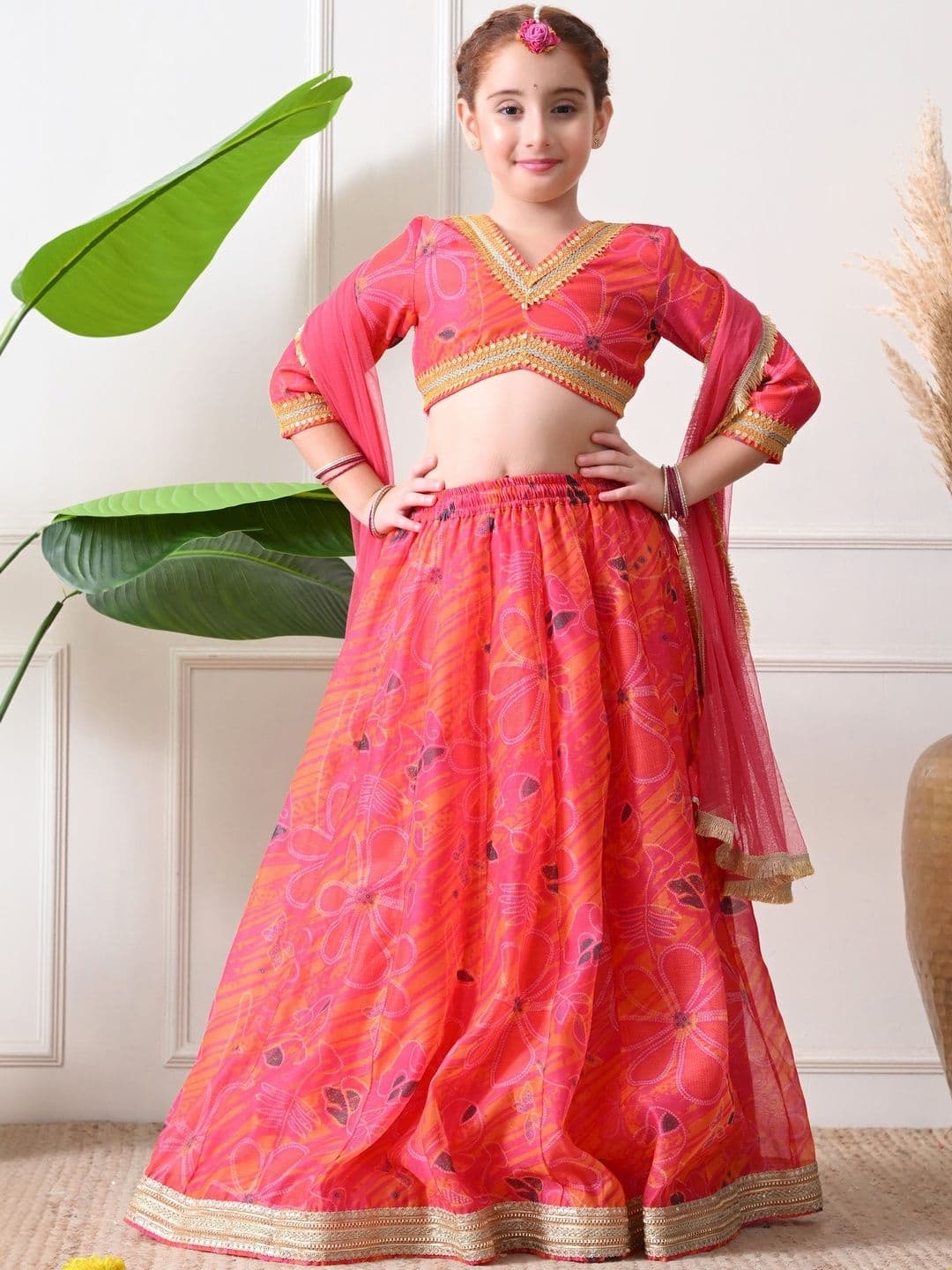 Indi-Loom Couture Girls Printed V-Neck Semi-Stitched Lehenga & Blouse With Dupatta - view 1
