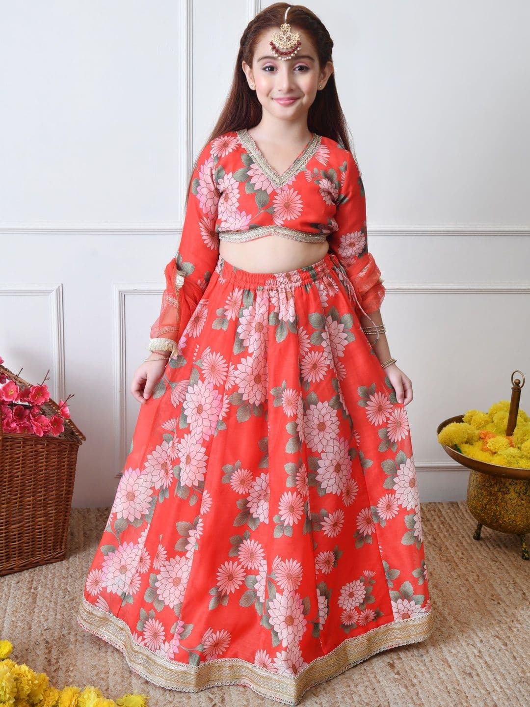 Indi-Loom Couture Girls Floral Printed Lehenga & Blouse With Dupatta - view 1