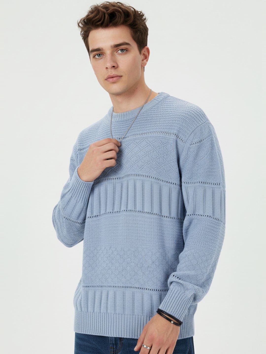 glitchez Geometric Self Design Open-Knit Relaxed Pullover - view 1