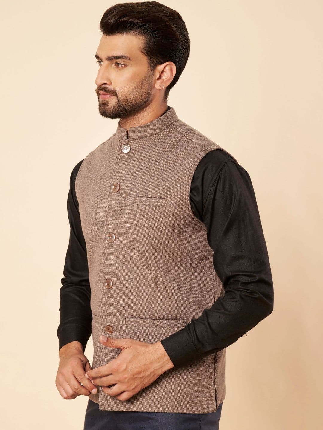 Zamour Woven Designed Mandarin Collar Nehru Jacket - view 1