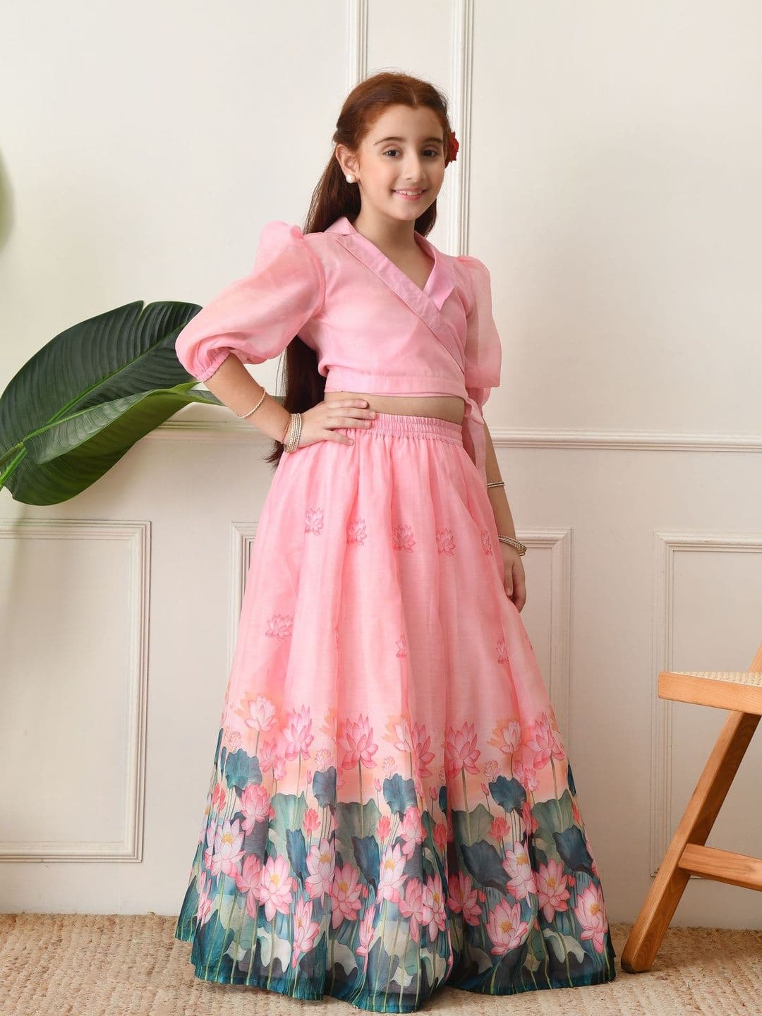 Indi-Loom Couture Girls Printed Flared Lehenga & Crop Top - view 1