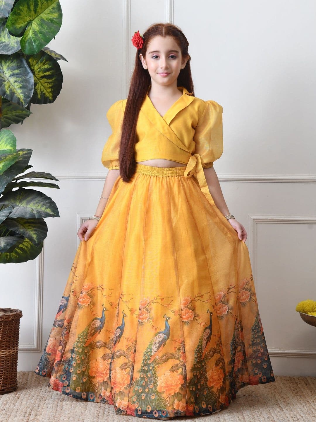 Indi-Loom Couture Girls Peacock Printed Lehenga With Puff Sleeve Blouse - view 1