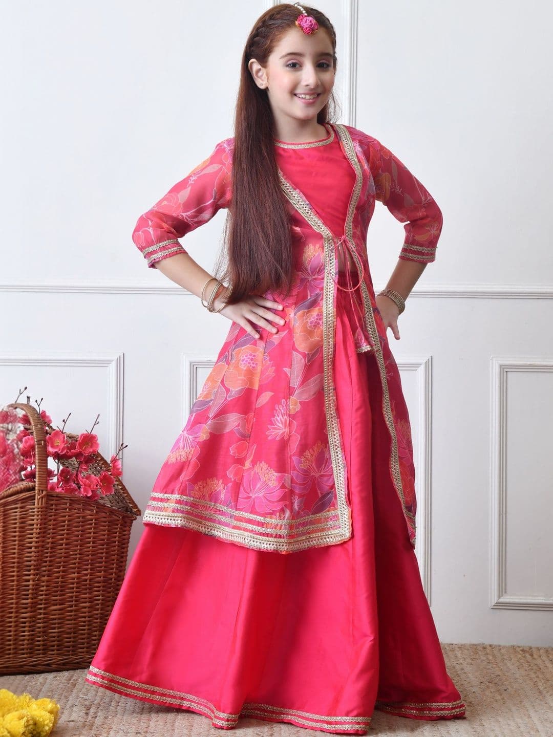 Indi-Loom Couture Girls Printed Zari Semi-Stitched Lehenga & Blouse - view 1