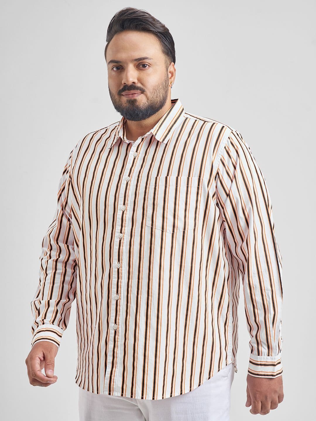 HIGHLANDER Men Plus Size Slim Fit Vertical Striped Spread Collar Cotton Casual Shirt - view 1
