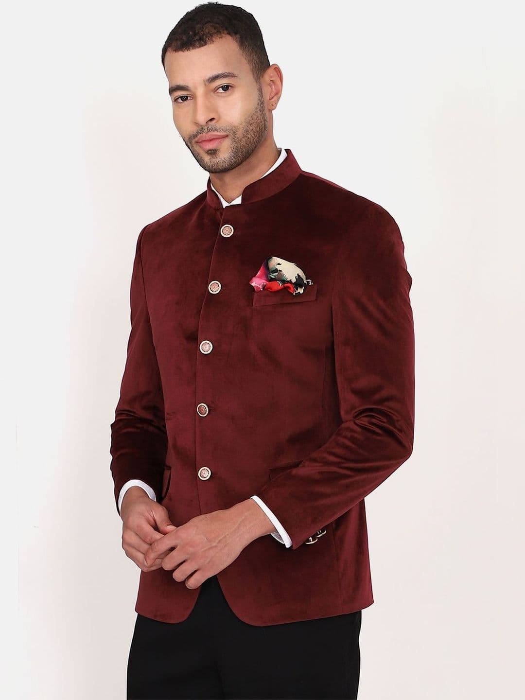 MANQ Men Mandarin Collar Single Breasted Bandhgala 2-Piece Suit