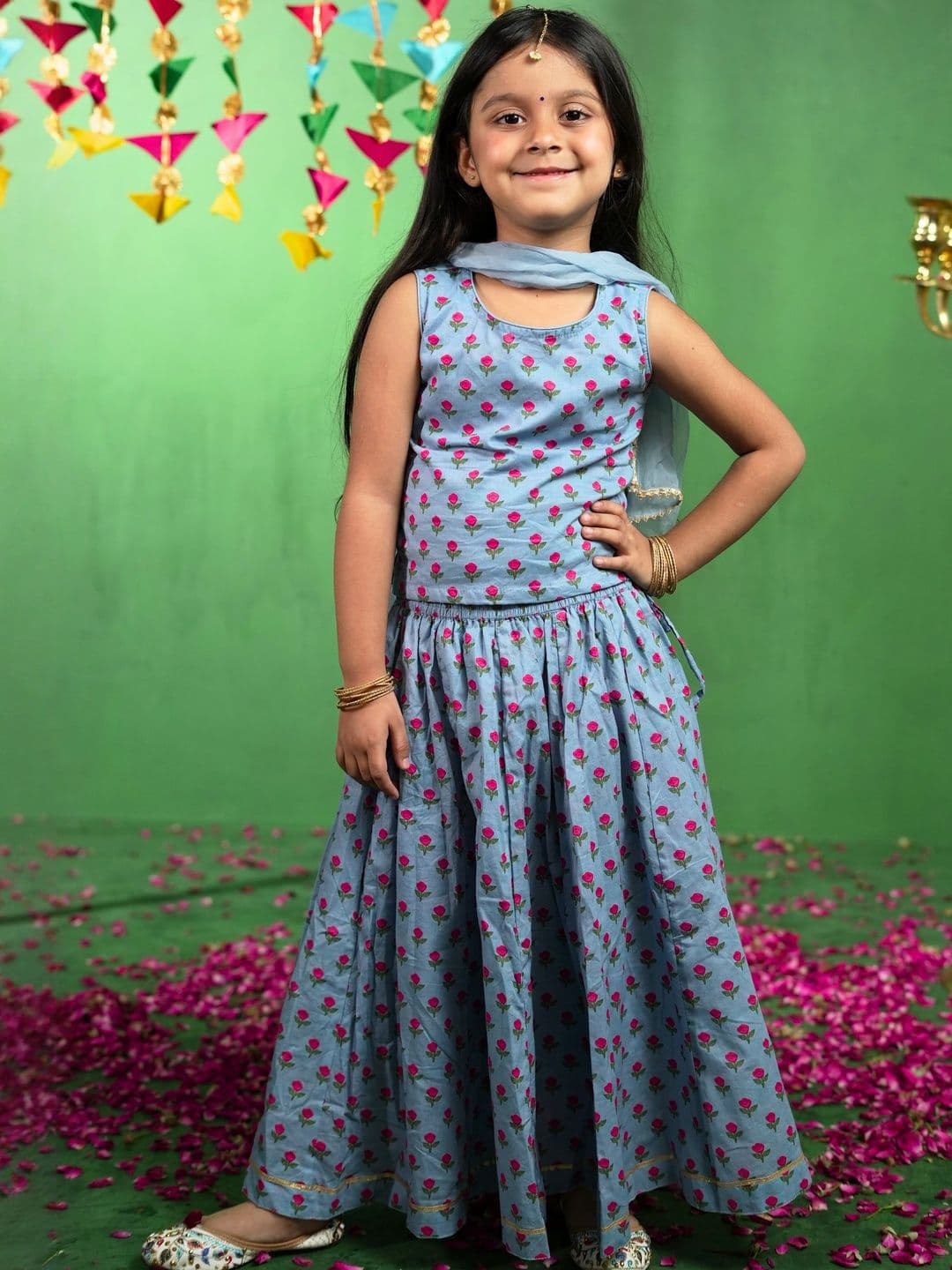 Puddle Fashion Girls Floral Printed Ready to Wear Cotton Lehenga & Blouse With Dupatta - view 1