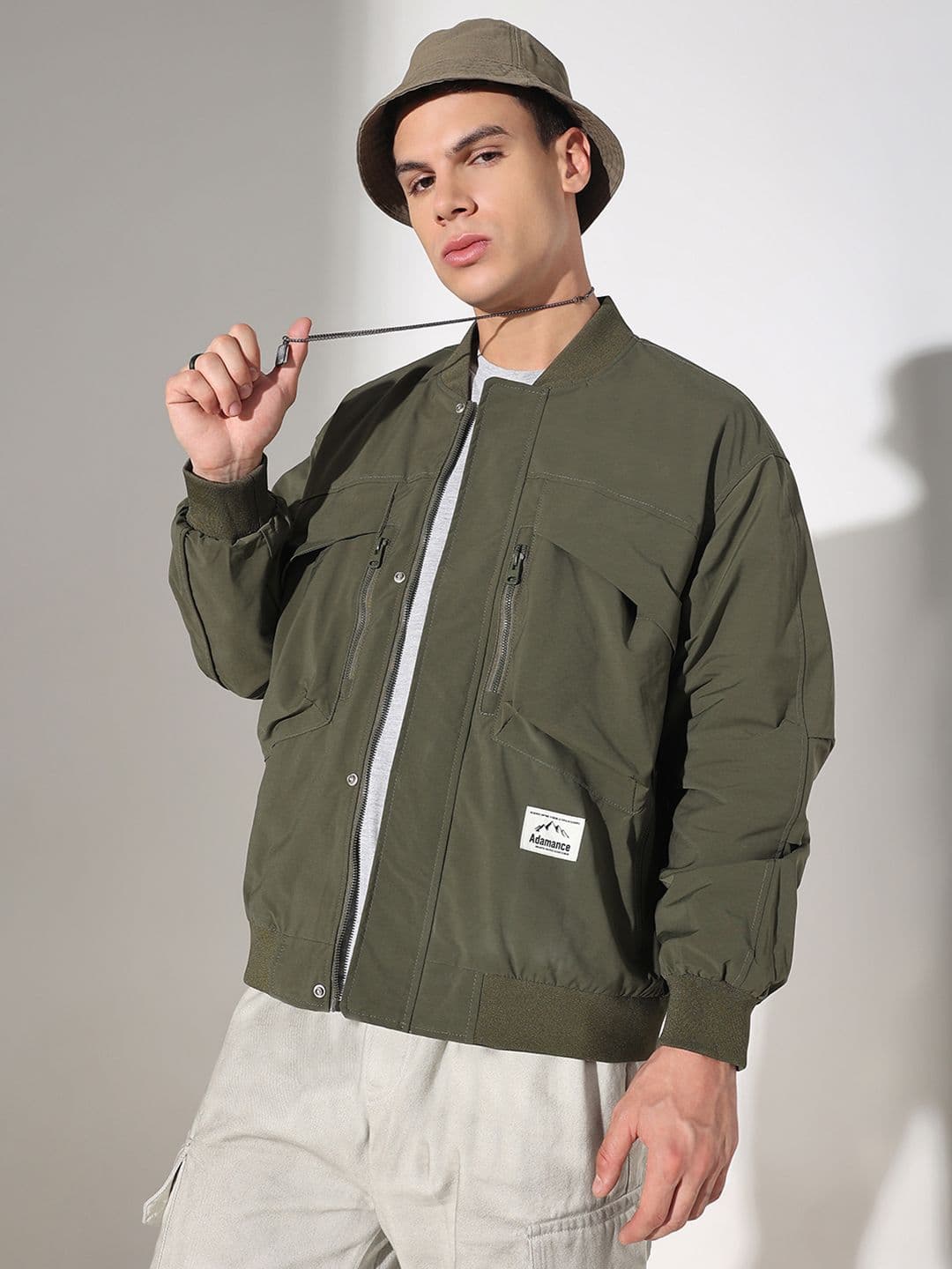 SHOWOFFFF Men Solid Olive Mandarin Collar Bomber Jacket - view 1