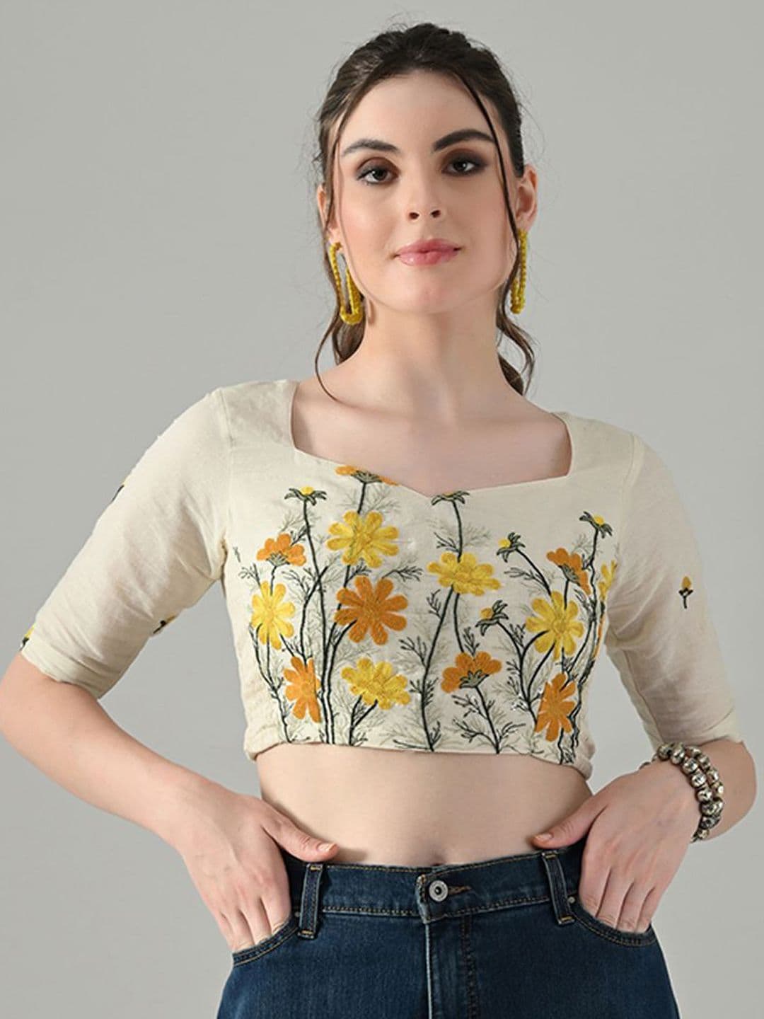 HERE&NOW Women Embroidered Cotton Sweetheart Neck Saree Blouse - view 1