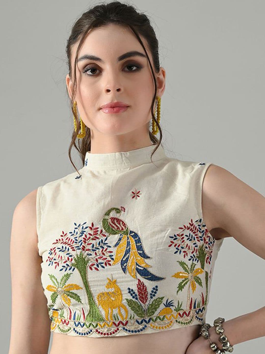 HERE&NOW Women Embroidered Cotton Halter Neck Saree Blouse - view 1
