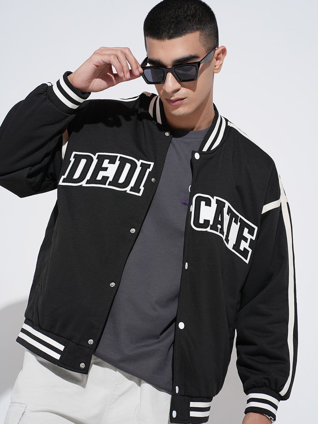 SHOWOFFFF Men Typography Lightweight Varsity Jacket with Patchwork - view 1