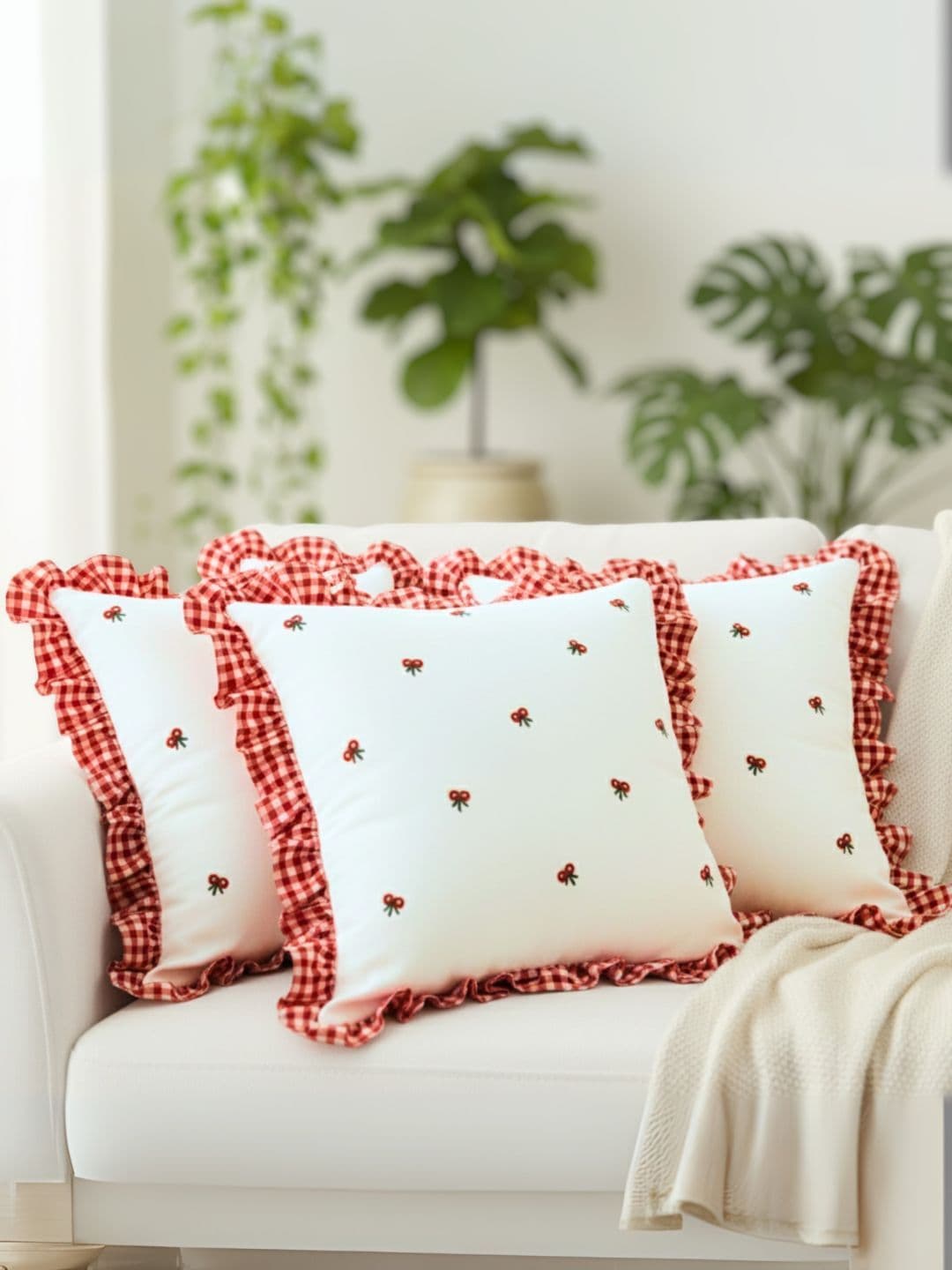 SLEEPY THREADS 3 Pieces Red & White Embroidered Square Cotton Cushion Covers - view 1