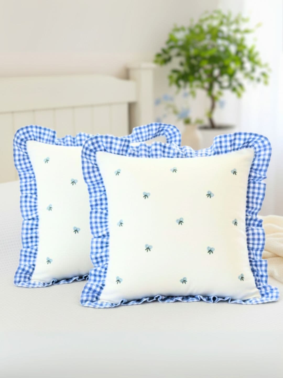SLEEPY THREADS 2 Pieces White & Blue Floral Square Embroidered Cushion Covers - view 1