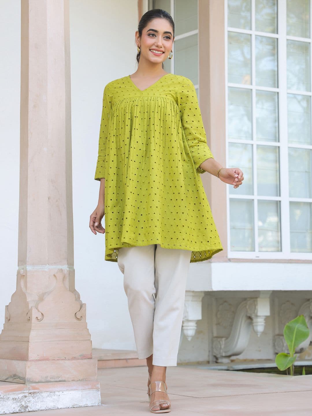 Janasya Women Gathers Schiffli Embroidered Pure Cotton Tunic - view 1