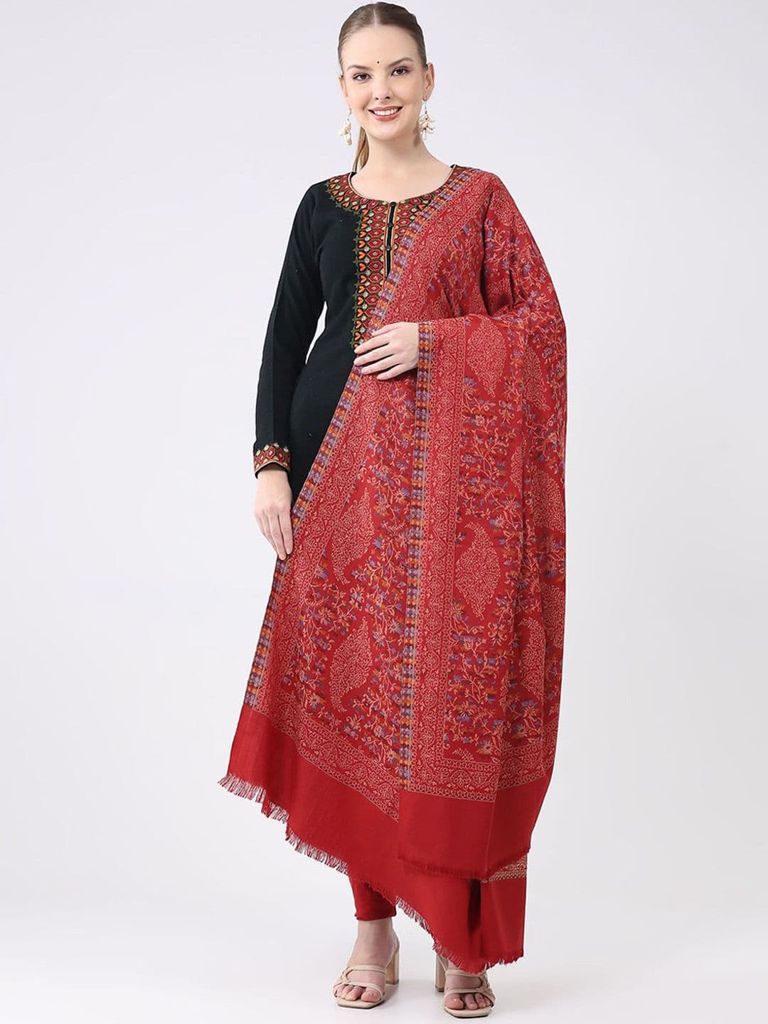 Monte Carlo Floral Woven Design Fringed Border Woollen Shawl - view 1