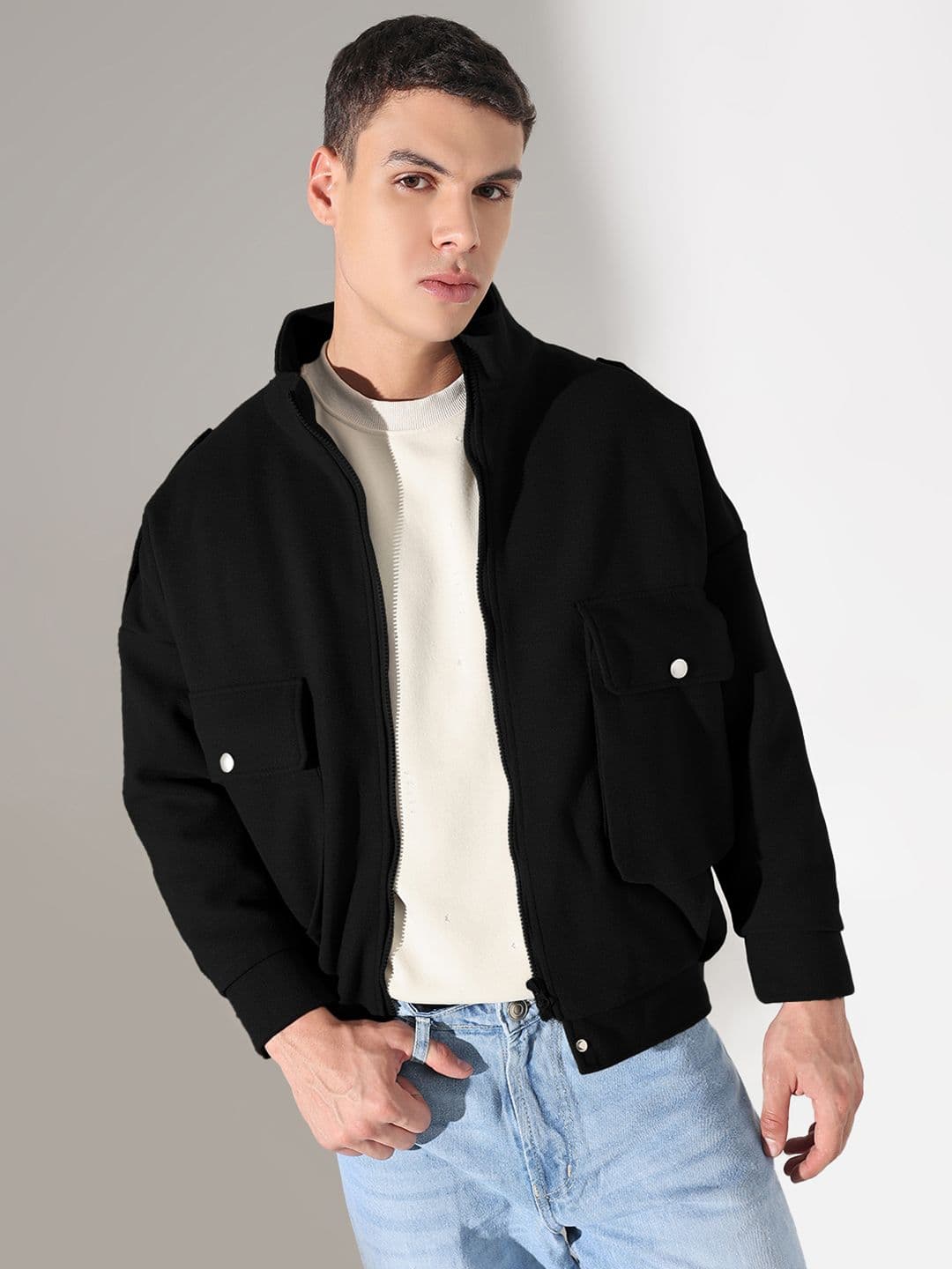 SHOWOFFFF Men Solid Black Fleece Jacket - view 1