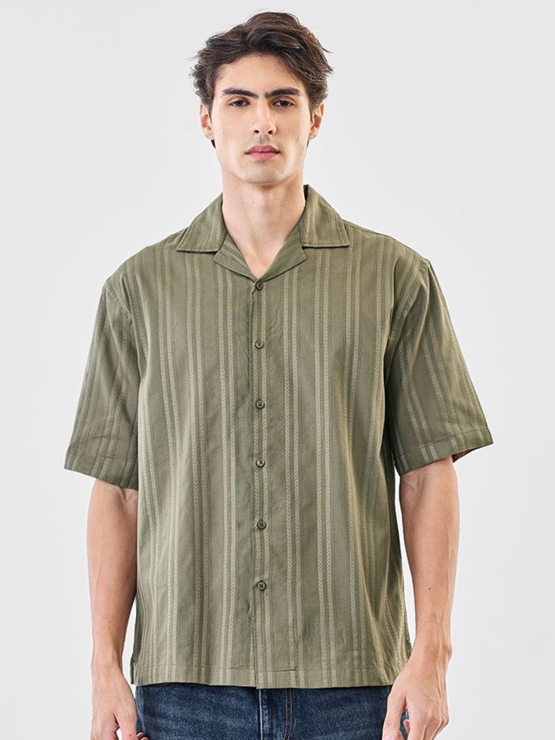 Snitch Men Vertical Striped Cuban Collar Pure Cotton Casual Shirt - view 1