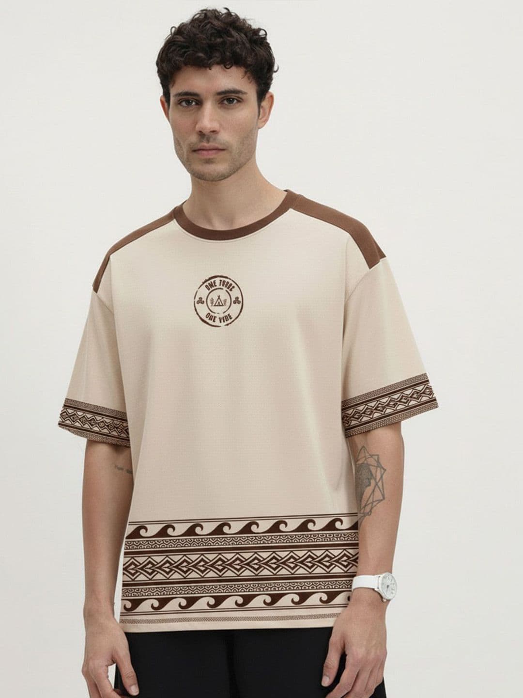 Crazymonk Men Tribal Printed Round Neck Cotton Oversized T-shirt - view 1
