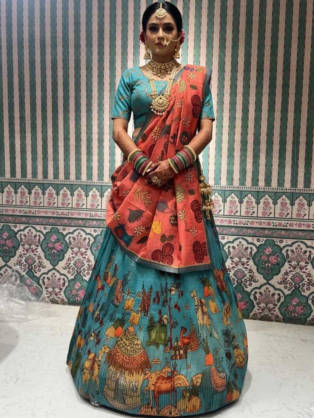 SAPTRANGI Woven Design Kalamkari Semi-Stitched Lehenga & Unstitched Blouse With Dupatta - view 1