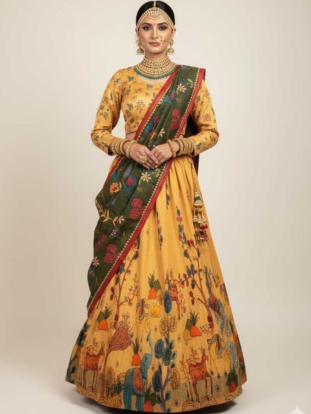 SAPTRANGI Woven Design Kalamkari Semi-Stitched Lehenga & Unstitched Blouse With Dupatta - view 1