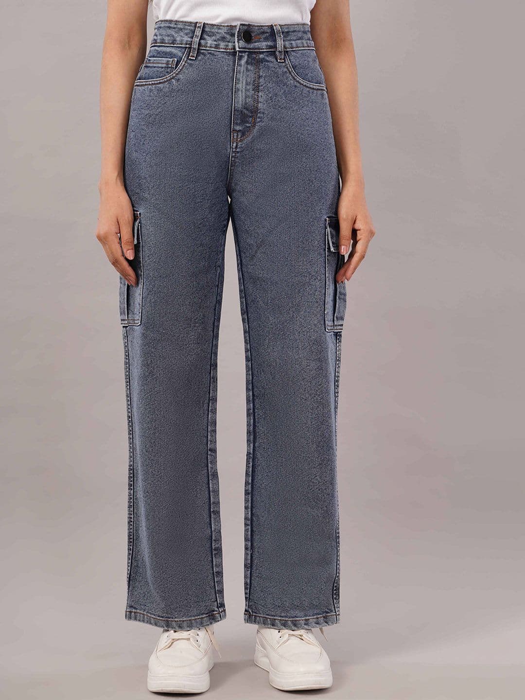NIVASU Women Straight Fit Mid-Rise Light Fade Stretchable Cargo Jeans - view 1