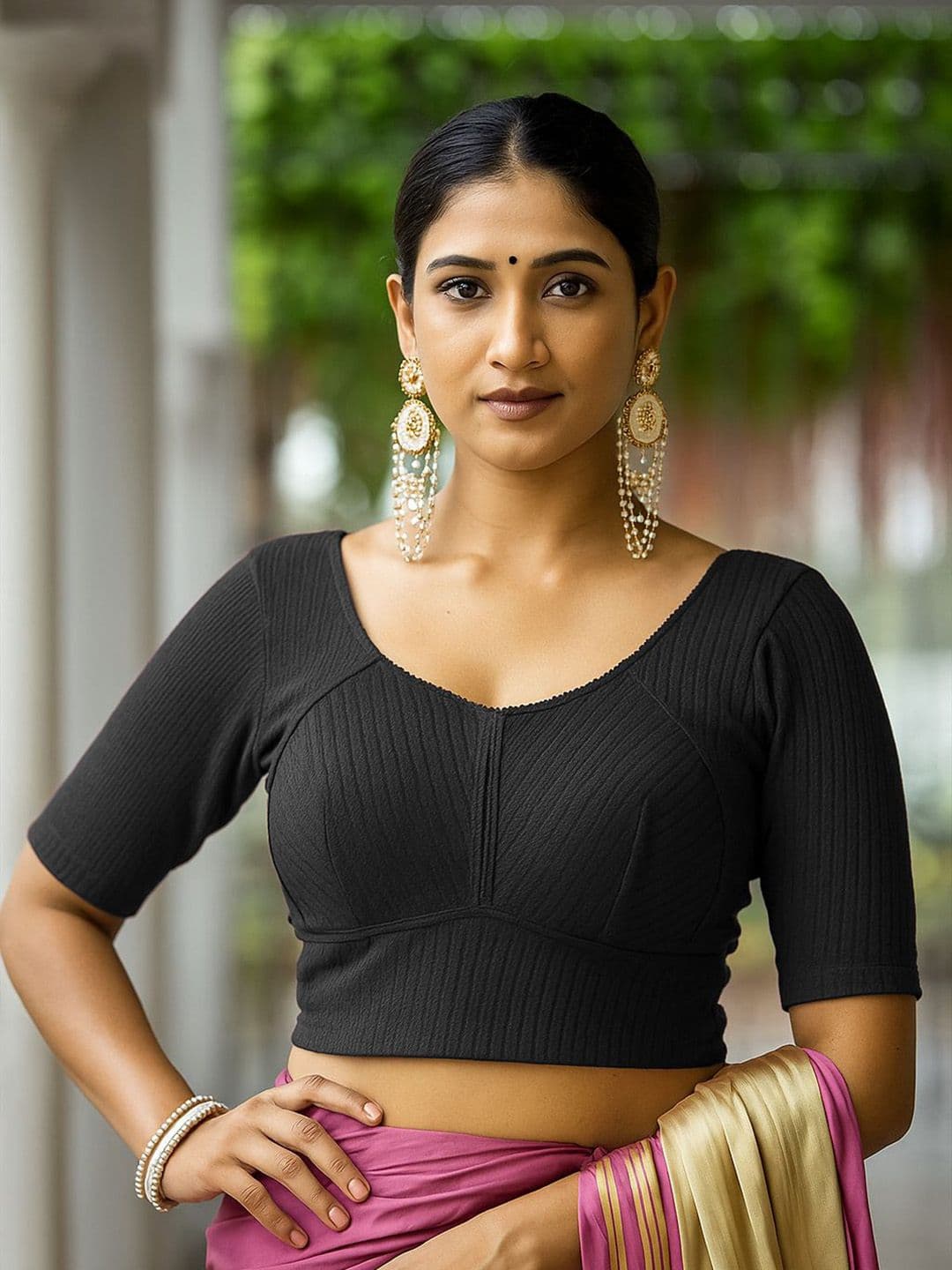 PU FASHION Women Self-Design Round Neck Short Sleeves Lycra Saree Blouse - view 1