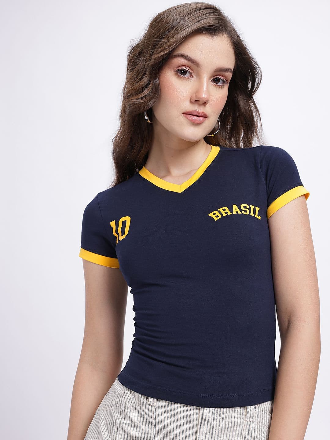 glitchez Typography Printed V-Neck Slim Fit Top With Contrast layered detail - view 1