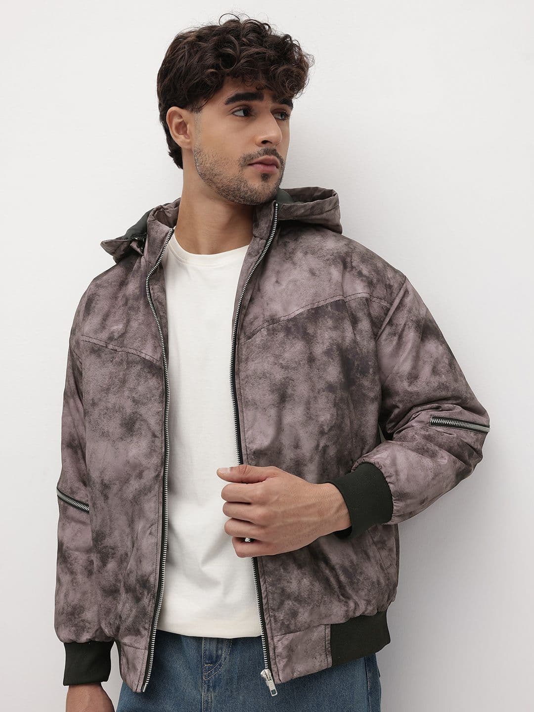 The Roadster Life Co. Camouflage Printed Padded Bomber Jacket with Detachable Hood - view 1